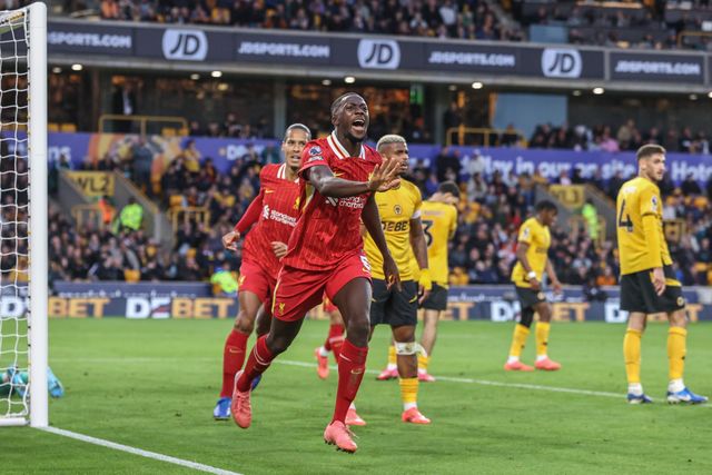 Ibrahima KonatÃ© of Liverpool celebrates his goal to make it 0-1 during the Premier League match Wolverhampton Wanderers vs Liverpool at Molineux, Wolverhampton, United Kingdom, 28th September 2024

(Photo by Alfie Cosgrove/News Images)