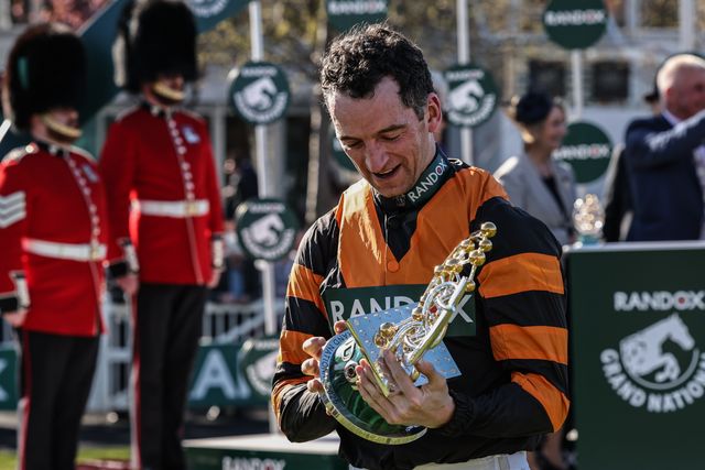 Patrick Mullins lifts the grand National Trophy during the Randox Grand National 2025 Day 3 Grand National Day at Aintree Racecourse, Liverpool, United Kingdom, 5th April 2025

(Photo by Mark Cosgrove/News Images)