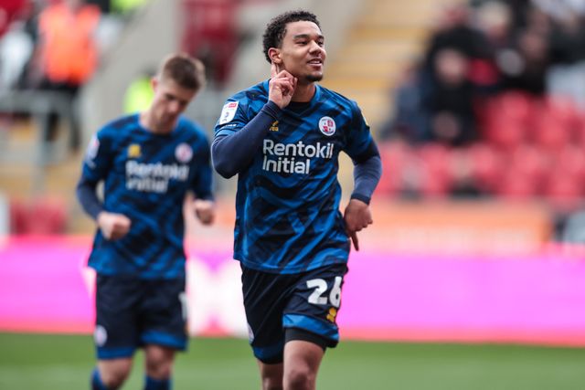 Kamari Doyle of Crawley Town celebrates his goal to make it 0-2 during the Sky Bet League 1 match Rotherham United vs Crawley Town at New York Stadium, Rotherham, United Kingdom, 29th March 2025

(Photo by Richard Bierton/News Images)