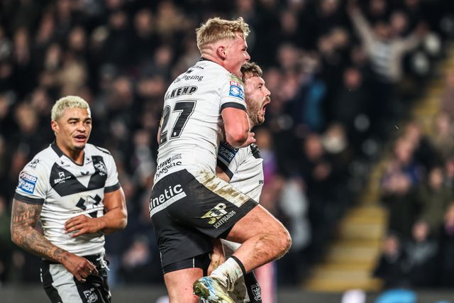 Joe Batchelor of Hull FC celebrates his try during the Betfred Super League round 1 match Hull FC vs Bradford Bulls at MKM Stadium, Hull, United Kingdom on 14 February 2026

(Photo by Alfie Cosgrove/News Images)