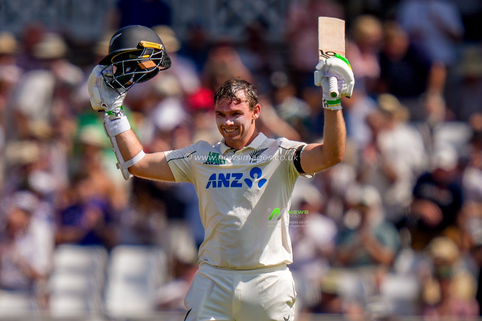 New Zealand captain Tom Latham celebrates going past 100 runs as he scores his century during the 3rd Rothesay Test Match Day 1 match England vs New Zealand at Trent Bridge, Nottingham, United Kingdom on 25 June 2026

(Photo by Maynard Manyowa/News Images)