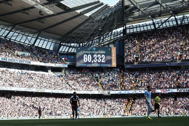 A new Etihad Stadium record of 60,332 people who attended during the Premier League match Manchester City vs Aston Villa at Etihad Stadium, Manchester, United Kingdom on 24 May 2026

(Photo by Mark Cosgrove/News Images)