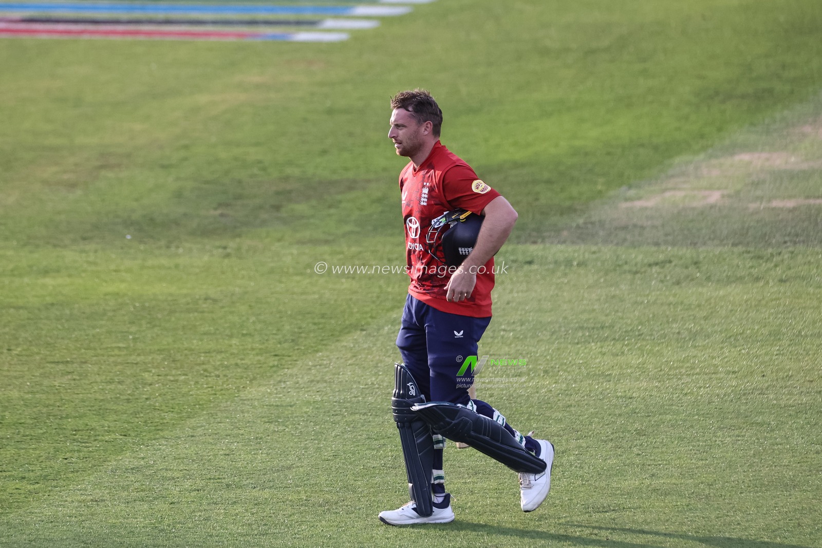 Jos Buttler of England leaves the field of play after been bowled out LBS by Alzarri Joseph of West Indies on 96 runs during the 1st Vitality T20 International Series England v West Indies at Banks Homes Riverside Stadium, Chester-le-street, United Kingdom, 6th June 2025

(Photo by Mark Cosgrove/News Images)