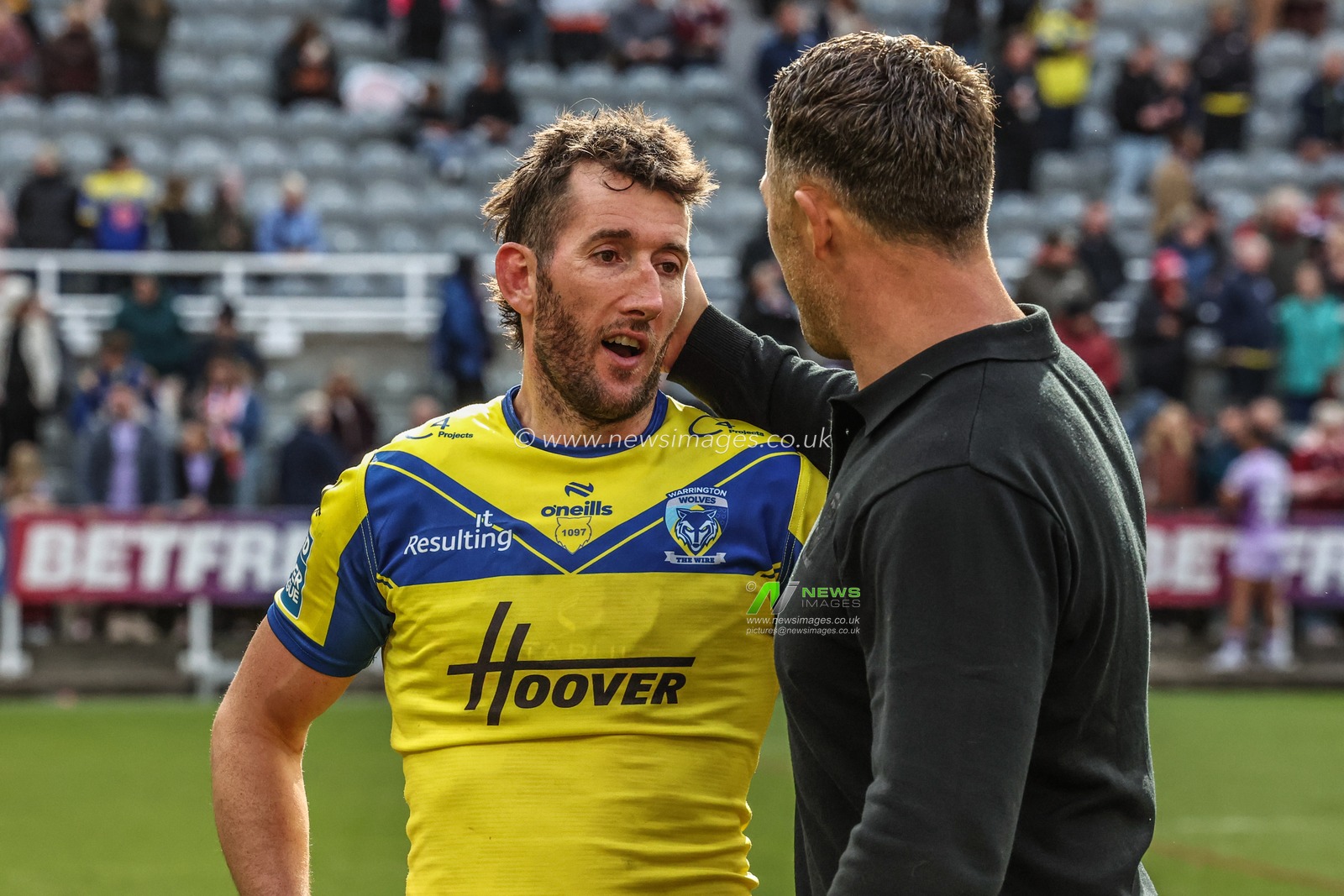 Stefan Ratchford of Warrington Wolves and Sam Burgess Head Coach of Warrington Wolves after the game during the Betfred Magic Weekend 2025 match Wigan Warriors vs Warrington Wolves at St. James's Park, Newcastle, United Kingdom, 4th May 2025

(Photo by Mark Cosgrove/News Images)