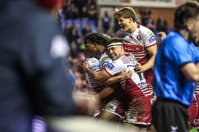 Noah Hodkinson of Wigan Warriors celebrates his try during the Betfred Super League round 5 match Wigan Warriors vs York Knights at The Brick Community Stadium, Wigan, United Kingdom on 19 March 2026

(Photo by Alfie Cosgrove/News Images)