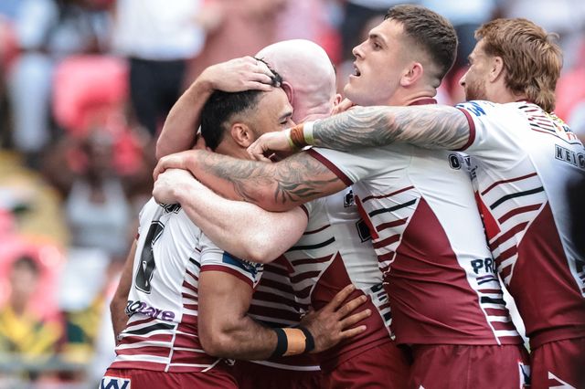 Bevan French of Wigan Warriors celebrates his try with Liam Farrell of Wigan Warriors during the Betfred Challenge Cup Final match Wigan Warriors vs Hull KR at Wembley Stadium, London, United Kingdom on 30 May 2026

(Photo by Mark Cosgrove/News Images)