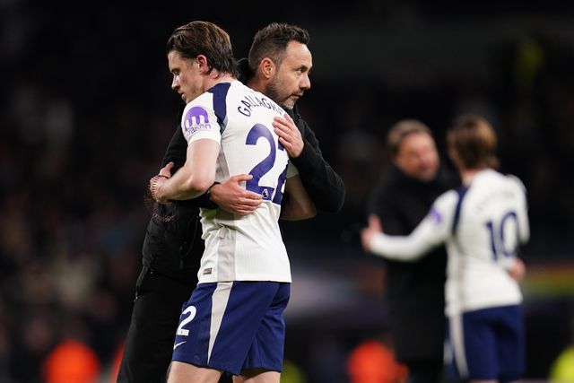 Roberto De Zerbi manager of Tottenham Hotspur and Conor Gallagher of Tottenham Hotspur at full time during the Premier League match Tottenham Hotspur vs Leeds United at Tottenham Hotspur Stadium, London, United Kingdom on 11 May 2026

(Photo by Harvey Murphy/News Images)