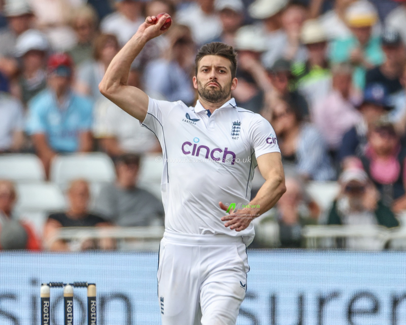Mark Wood of England delivers the ball during the Rothesay Test Match day four match England vs West Indies at Trent Bridge, Nottingham, United Kingdom, 21st July 2024

(Photo by Mark Cosgrove/News Images)