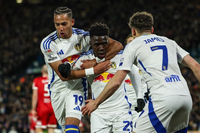 Wilfried Gnonto of Leeds United celebrates his goal to make it 1-0 during the Sky Bet Championship match Leeds United vs Middlesbrough at Elland Road, Leeds, United Kingdom, 10th December 2024

(Photo by Mark Cosgrove/News Images)
