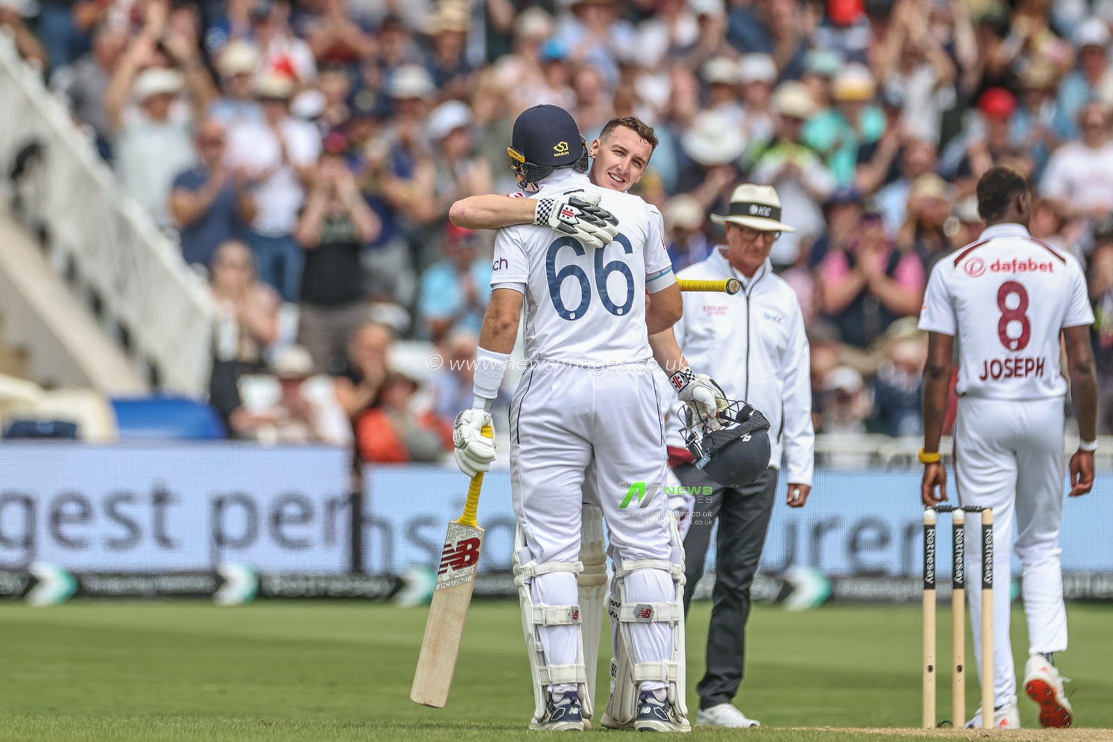 Harry Brook of England celebrates a century (100 runs) during the Rothesay Test Match day four match England vs West Indies at Trent Bridge, Nottingham, United Kingdom, 21st July 2024

(Photo by Mark Cosgrove/News Images)