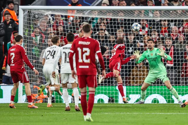 Alexis Mac Allister of Liverpool scores to make it 1-0 during the UEFA Champions League Matchday 4 of 8 Liverpool vs Real Madrid at Anfield, Liverpool, United Kingdom, 4th November 2025

(Photo by Alfie Cosgrove/News Images)

*** GER AUT SUI OUT ***