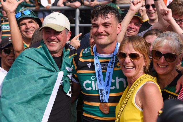 George Furbank of Northampton Saints celebrates with family following the Gallagher PREM Final match Northampton Saints vs Exeter Chiefs at Allianz Stadium, Twickenham, United Kingdom on 20 June 2026.

(Photo by Alex Williamson/News Images)