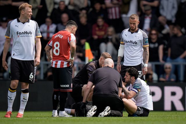 Ben Brereton Diaz of Derby County receives treatment during the Sky Bet Championship match Derby County vs Sheffield United at Pride Park Stadium, Derby, United Kingdom on 02 May 2026

(Photo by Maynard Manyowa/News Images)