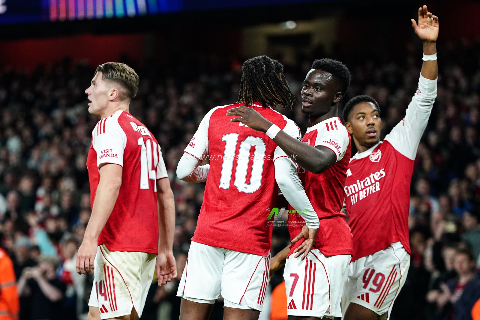Bukayo Saka of Arsenal and Eberechi Eze of Arsenal after second goal during the UEFA Champions League match Arsenal vs Olympiakos FC at Emirates Stadium, London, United Kingdom, 1st October 2025

(Photo by Harvey Murphy/News Images)