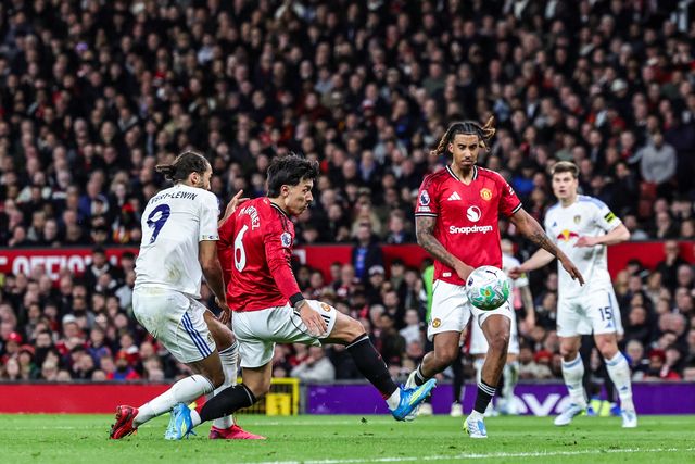 Dominic Calvert-Lewin of Leeds United shoots on goal during the Premier League match Manchester United vs Leeds United at Old Trafford, Manchester, United Kingdom on 13 April 2026

(Photo by Mark Cosgrove/News Images)