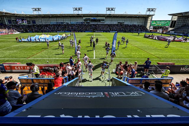 The teams come out for the Betfred Super League round 12 match Warrington Wolves vs Bradford Bulls at The Halliwell Jones Stadium, Warrington, United Kingdom on 24 May 2026

(Photo by Alfie Cosgrove/News Images)
