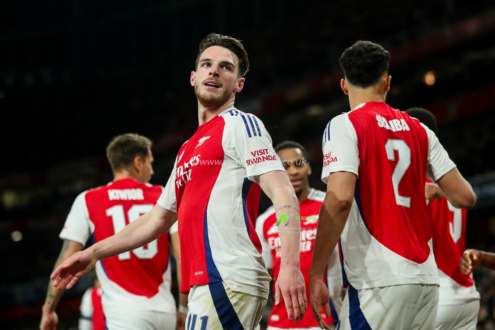 Declan Rice of Arsenal celebrates his goal to make it 1-0 during the UEFA Champions League Quarter-finals match Arsenal vs Real Madrid at Emirates Stadium, London, United Kingdom, 8th April 2025

(Photo by Izzy Poles/News Images)