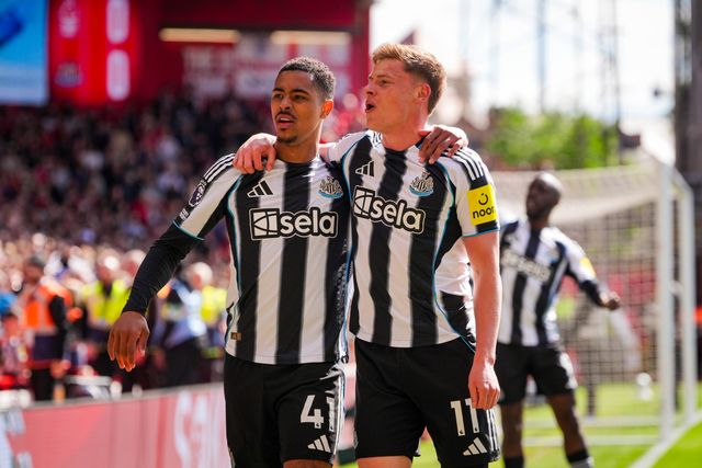 Harvey Barnes of Newcastle United celebrates his goal to make it  0-1 wth Jacob Ramsey of Newcastle United and Yoane Wissa of Newcastle United  during the Premier League match Nottingham Forest vs Newcastle Untied at City Ground, Nottingham, United Kingdom on 10 May 2026

(Photo by Maynard Manyowa/News Images)