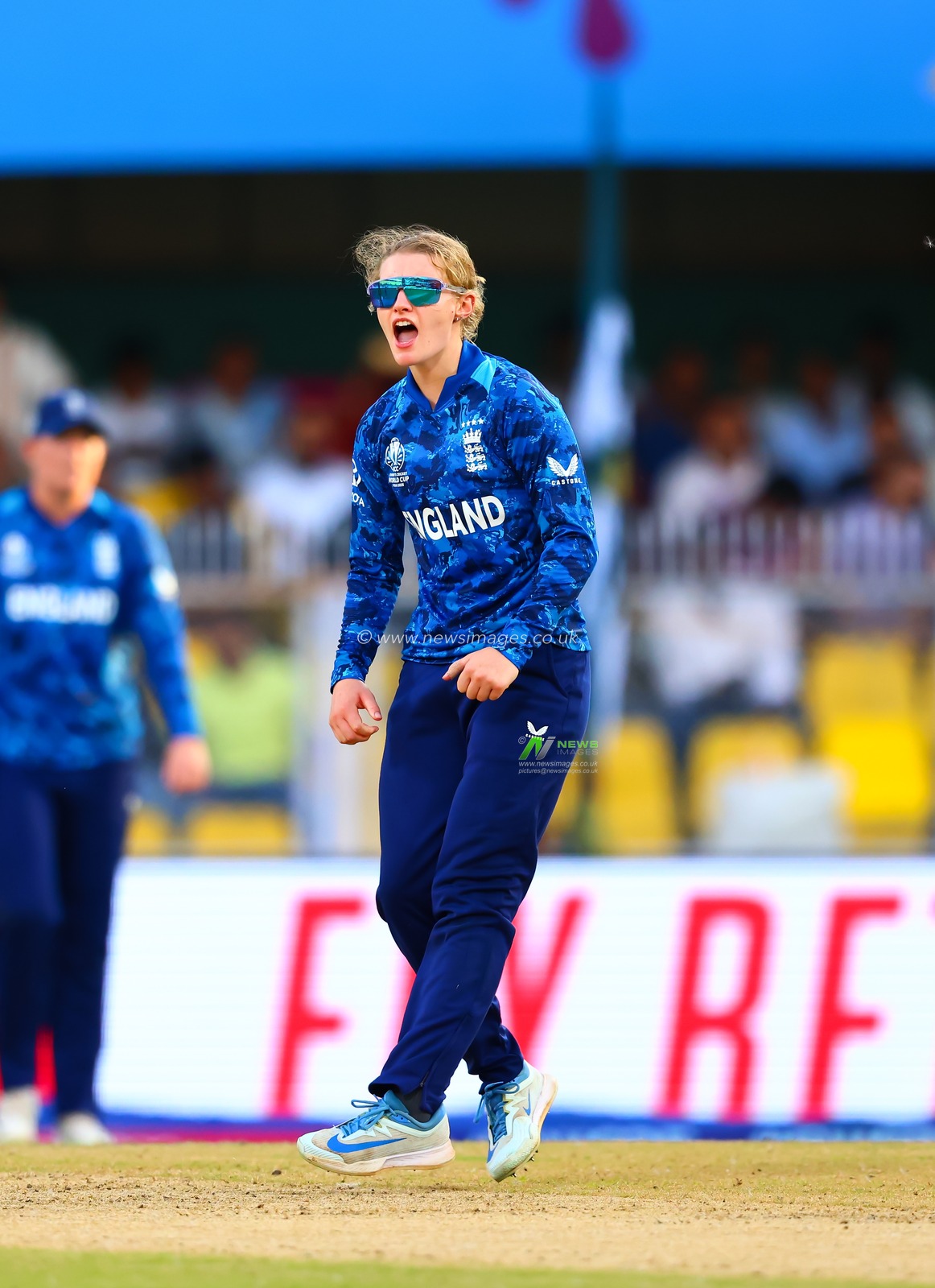 Charlie Dean of England  bowled out Danni Wyatt-Hodge of England during the ICC Women's World Cup match 04 England Women vs South Africa Women at ACA Barsapara Cricket Stadium, Guwahati, Assam / India, 3rd October 2025

(Photo by Shubhajit Roy Karmakar/News Images)