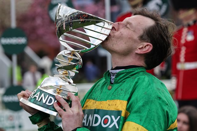 Paul Townend kisses the Grand National Trophy after winning for the second time on I Am Maximus in the 16:00 Randox Grand National Handicap Chase during the 2026 Randox Grand National Day at Aintree Racecourse, Aintree, United Kingdom on 11 April 2026

(Photo by Mark Cosgrove/News Images)