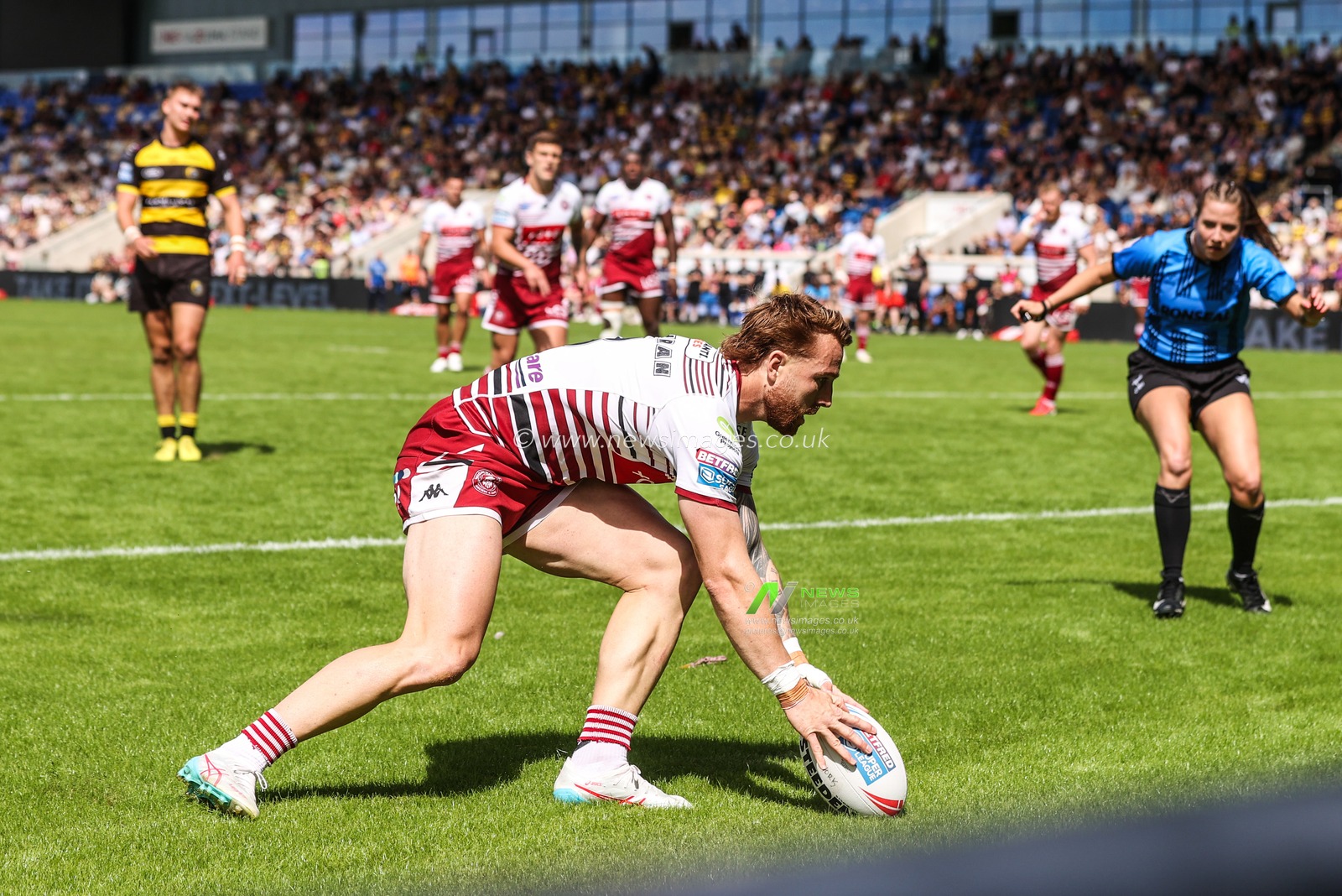 Adam Keighran of Wigan Warriors goes over for a try during the Betfred Super League round 15 match York Knights vs Wigan Warriors at LNER Community Stadium, York, United Kingdom on 20 June 2026

(Photo by Alfie Cosgrove/News Images)