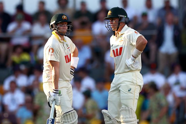 Steve Smith of Australia  and Marnus Labushchagne of Australia  are seen during the NRMA Insurance Ashes Second Test Day 2 Australia vs England at The Gabba, Brisbane Cricket Ground, Brisbane, Australia, 5th December 2025

(Photo by Pat Hoelscher/News Images)

*** GER AUT SUI OUT ***