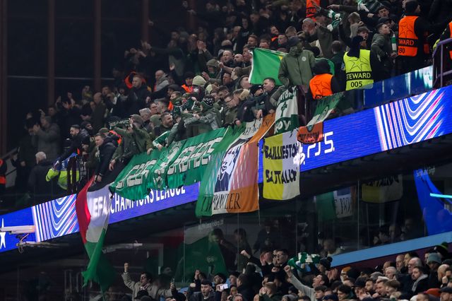 Celtic fans celebrate as their side scores an equalising goal during the UEFA Champions League Matchday 8 of 8 Aston Villa vs Celtic at Villa Park, Birmingham, United Kingdom, 29th January 2025

(Photo by Gareth Evans/News Images)