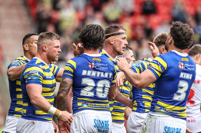 Ben Currie of Warrington Wolves celebrates his try during the Betfred Challenge Cup Semi-Finals match Warrington Wolves vs Hull KR at Eco-Power Stadium, Doncaster, United Kingdom on 10 May 2026

(Photo by Alfie Cosgrove/News Images)
