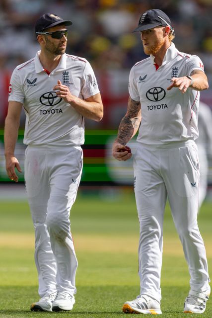 Mark Wood and Ben Stokes are seen discussing the strategy during the NRMA Insurance Ashes First Test Day 2 Australia vs England at Optus Stadium, Perth, Australia, 22nd November 2025

(Photo by Santanu Banik/News Images)

*** GER AUT SUI OUT ***