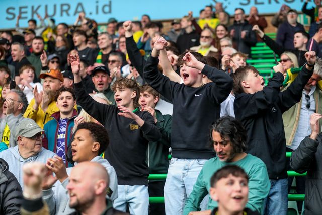 Norwich City fans celebrate after the teams victory following the Sky Bet Championship match Norwich City vs West Bromwich Albion at Carrow Road, Norwich, United Kingdom, 29th March 2025

(Photo by Izzy Poles/News Images)
