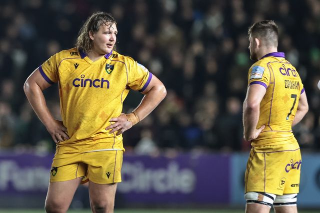 JJ van der Mescht of Northampton Saints speaks to Sam Graham of Northampton Saints while he waits for Referee Ian Tempest washes back on the large LCD during the Gallagher Premiership match Newcastle Red Bulls vs Northampton Saints at Kingston Park, Newcastle, United Kingdom, 17th October 2025

(Photo by Mark Cosgrove/News Images)