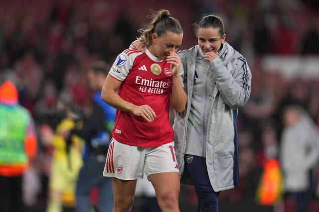 Katie McCabe of Arsenal and Renee Slegers manager of Arsenal at full time during the UEFA Women's Champions League Quarter-finals match Arsenal vs Chelsea at Arsenal Stadium, London, United Kingdom on 24 March 2026

(Photo by Harvey Murphy/News Images)