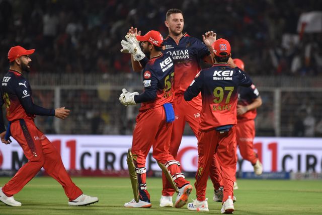 Royal Challengers Bengaluru's Josh Hazlewood, Center, celebrates with teammates Virat,Left after the dismissal of Kolkata Knight Riders' Quinton de Kock during the Indian Premier League cricket match between Kolkata Knight Riders and Royal Challengers Bengaluru at Eden Gardens in Kolkata, India, Saturday, March 22, 2025.Pictures by Debajyoti Chakraborty.(Photo: Debajyoti Chakraborty/News Images)