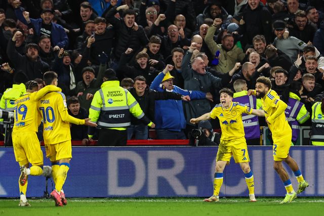 Daniel James of Leeds United celebrates his sides goal to make the score 1-3 during the Sky Bet Championship match Sheffield United vs Leeds United at Bramall Lane, Sheffield, United Kingdom, 24th February 2025

(Photo by Mark Cosgrove/News Images)