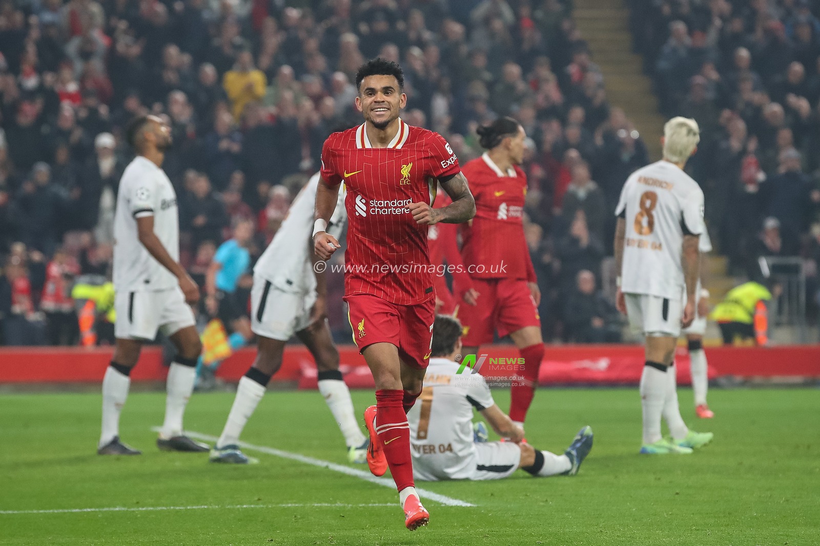 Luis DÃ­az of Liverpool celebrates his goal to make it 3-0 during the UEFA Champions League, League Stage match Liverpool vs Bayer 04 Leverkusen at Anfield, Liverpool, United Kingdom, 5th November 2024

(Photo by Gareth Evans/News Images)