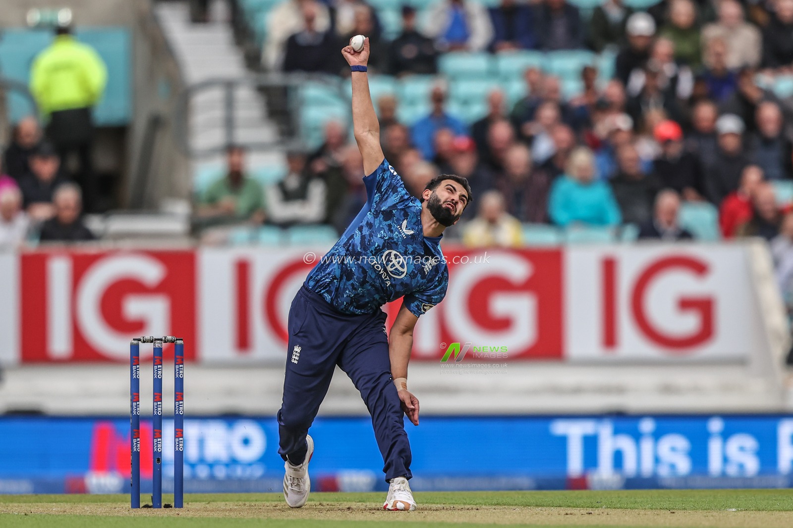 Saqib Mahmood of England delivers the ball during the 3rd Metro Bank ODI England v West Indies at The Kia Oval, London, United Kingdom, 3rd June 2025

(Photo by Alfie Cosgrove/News Images)