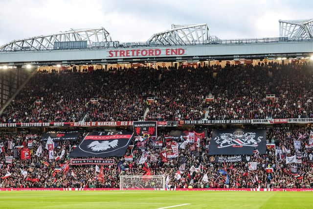 Manchester United fans hold up flags before the game during the Premier League match Manchester United vs Brentford at Old Trafford, Manchester, United Kingdom on 27 April 2026

(Photo by Mark Cosgrove/News Images)