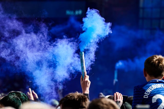 Everton fans arrive at Hill Dickinson with flares ready for derby day during the Premier League match Everton vs Liverpool at Hill Dickinson Stadium, Liverpool, United Kingdom on 19 April 2026

(Photo by Alfie Cosgrove/News Images)