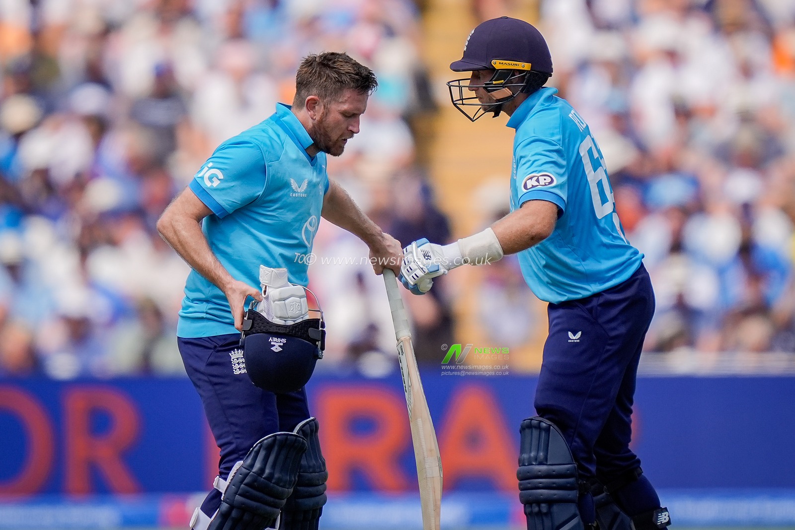 Liam Dawson of England and Joe Root of England celebrate a partnership milestone during the 1st Metro Bank ODI match England vs India at Edgbaston, Birmingham, United Kingdom on 14 July 2026

(Photo by Maynard Manyowa/News Images)