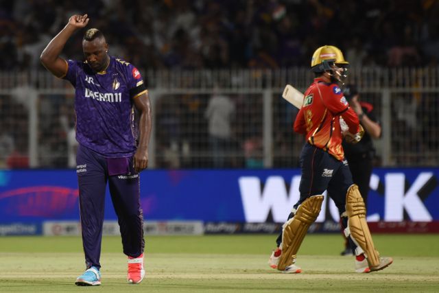 Andre Russell of Kolkata Knight Riders celebrates the wicket of Priyansh Arya of Punjab Kings during the 2025 IPL match between Kolkata Knight Riders and Punjab Kings at Eden Gardens on April 26, 2025, in Kolkata, India.Photo by Debajyoti Chakraborty.(Photo: Debajyoti Chakraborty/News Images)