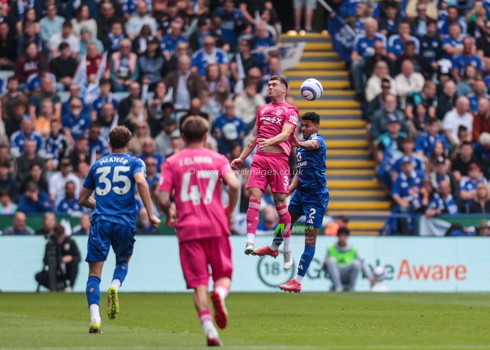 Leif Davis of Ipswich Town jumps up to win the high ball during the Premier League match Leicester City vs Ipswich Town at King Power Stadium, Leicester, United Kingdom, 18th May 2025

(Photo by Richard Bierton/News Images)