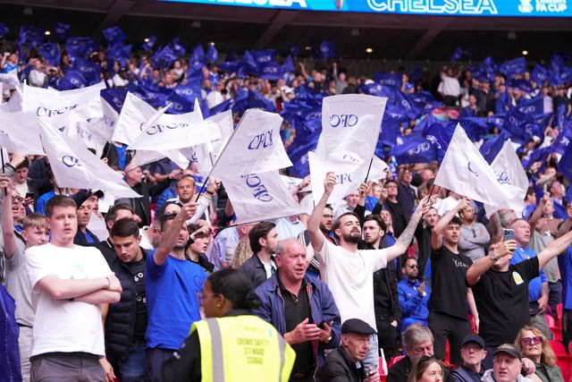 Chelsea fans ahead wave their flags ahead of kick off ahead of the Emirates FA Cup Semi-Final match Chelsea vs Leeds United at Wembley Stadium, London, United Kingdom on 26 April 2026

(Photo by Harvey Murphy/News Images)