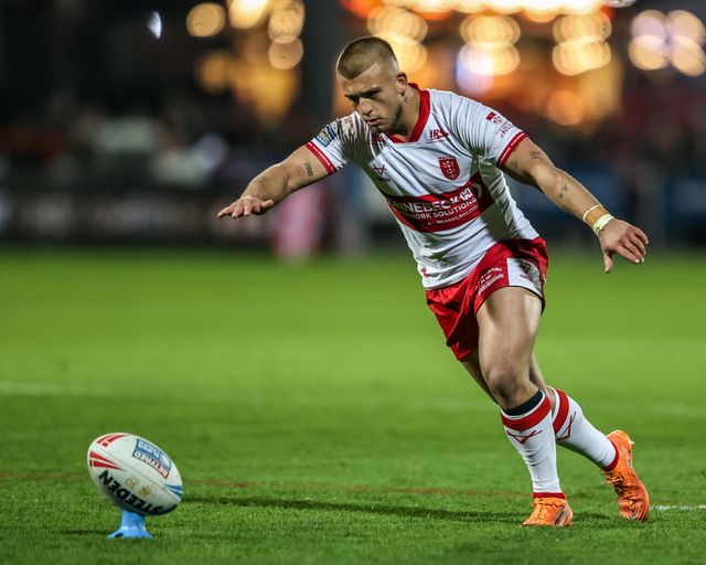 Mikey Lewis of Hull KR converts for a goal during the Betfred Super League round 6 match Hull KR vs St Helens at Sewell Group Craven Park, Hull, United Kingdom on 27 March 2026

(Photo by Alfie Cosgrove/News Images)