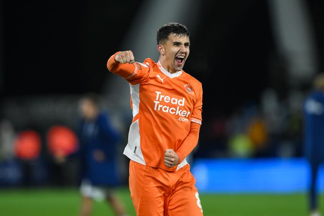 Albie Morgan of Blackpool celebrates with the fans at the end of the Sky Bet League 1 match Huddersfield Town vs Blackpool at John Smith's Stadium, Huddersfield, United Kingdom, 24th September 2024

(Photo by Craig Thomas/News Images)