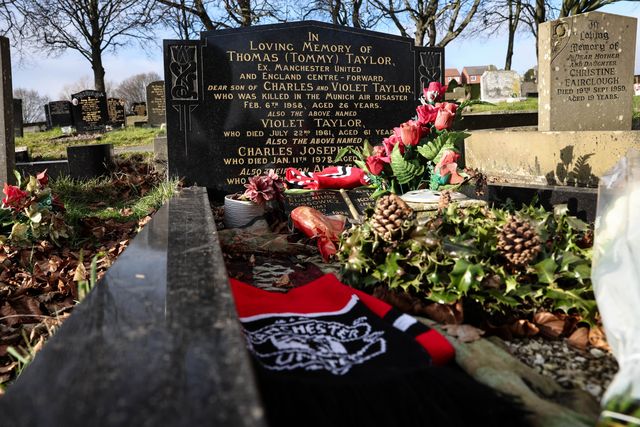 A general view of former Barnsley FC and Manchester United and England international forward Tommy Taylor grave and headstone 67 years after 23 passengers 8 of whom were Manchester United players sadly lost their lives in the Munich Air disaster on the 6th of February 1958;  Monk Bretton Cemetery, Monk Bretton, Barnsley, United Kingdom, 6th February 2025

(Photo by Mark Cosgrove/News Images)