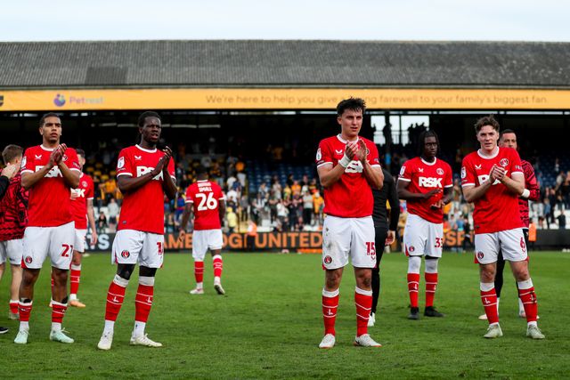 Charlton Athletic celebrate after the teams victory following the Sky Bet League 1 match Cambridge United vs Charlton Athletic at Cledara Abbey Stadium, Cambridge, United Kingdom, 12th April 2025

(Photo by Izzy Poles/News Images)