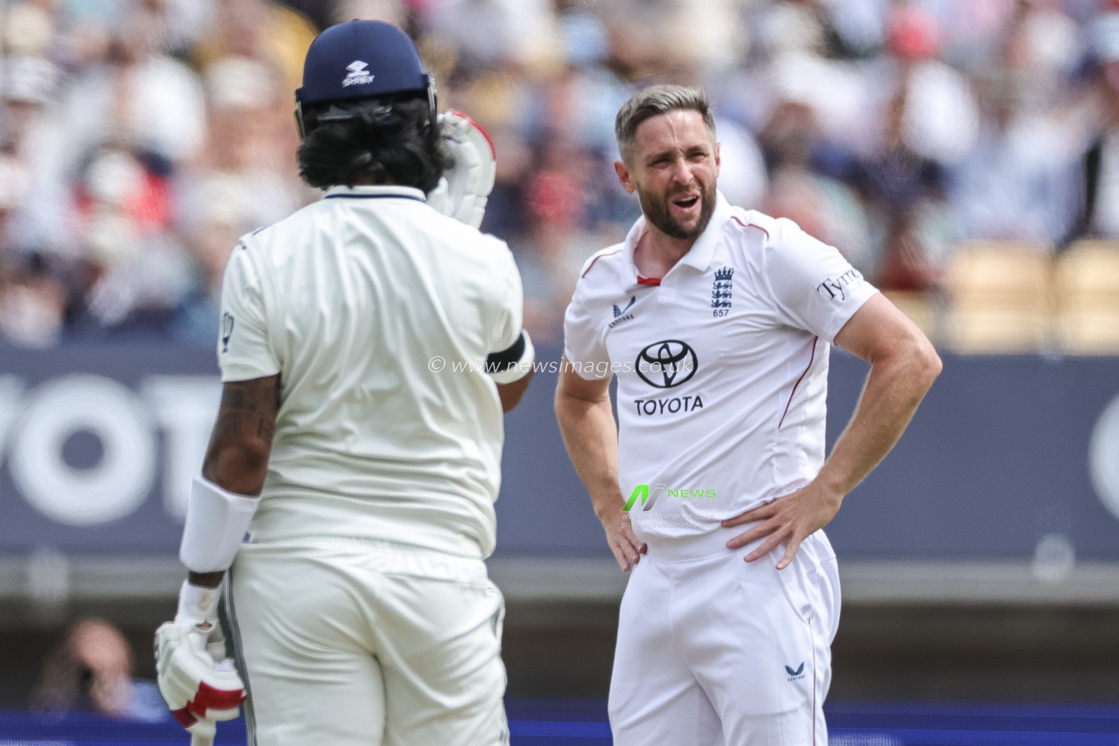 Chris Woakes of England reacts after a close call with KL Rahul of India during the 2nd Rothesay Test Match Day 1 England vs India at Edgbaston, Birmingham, United Kingdom, 2nd July 2025

(Photo by Mark Cosgrove/News Images)
