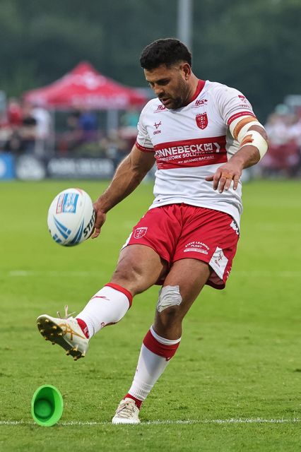 Rhyse Martin of Hull KR converts for a goal during the Betfred Super League round 12 match Hull KR vs Wigan Warriors at Sewell Group Craven Park, Hull, United Kingdom on 21 May 2026

(Photo by Mark Cosgrove/News Images)