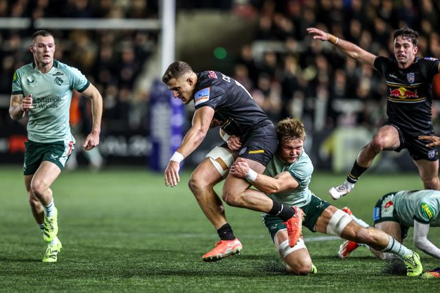 Stefan Coetzee of Newcastle Red Bulls is tackled by Sam Williams of Leicester Tigers during the Premiership Rugby Cup match Newcastle Red Bulls vs Leicester Tigers at Kingston Park, Newcastle, United Kingdom, 31st October 2025

(Photo by Alfie Cosgrove/News Images)

*** GER AUT SUI OUT ***