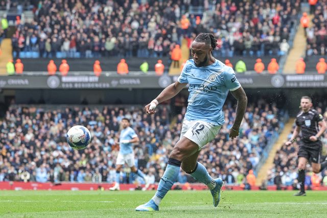 Antonie Semenyo of Manchester City scores to make it 3-0 during the Emirates FA Cup Quarter-Final match Manchester City vs Liverpool at Etihad Stadium, Manchester, United Kingdom on 04 April 2026

(Photo by Mark Cosgrove/News Images)